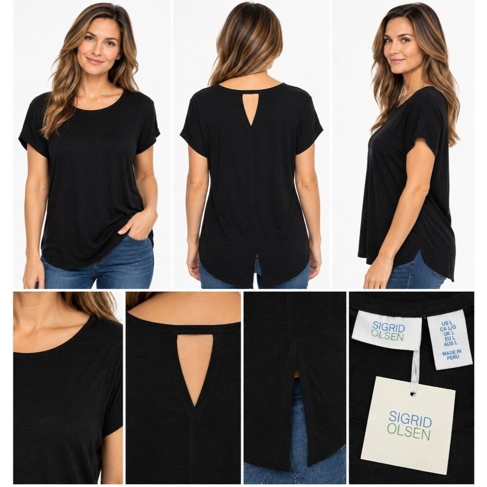 Sigrid Olsen Women’s Large Black Short Sleeve Tunic Top Keyhole Back NWT
